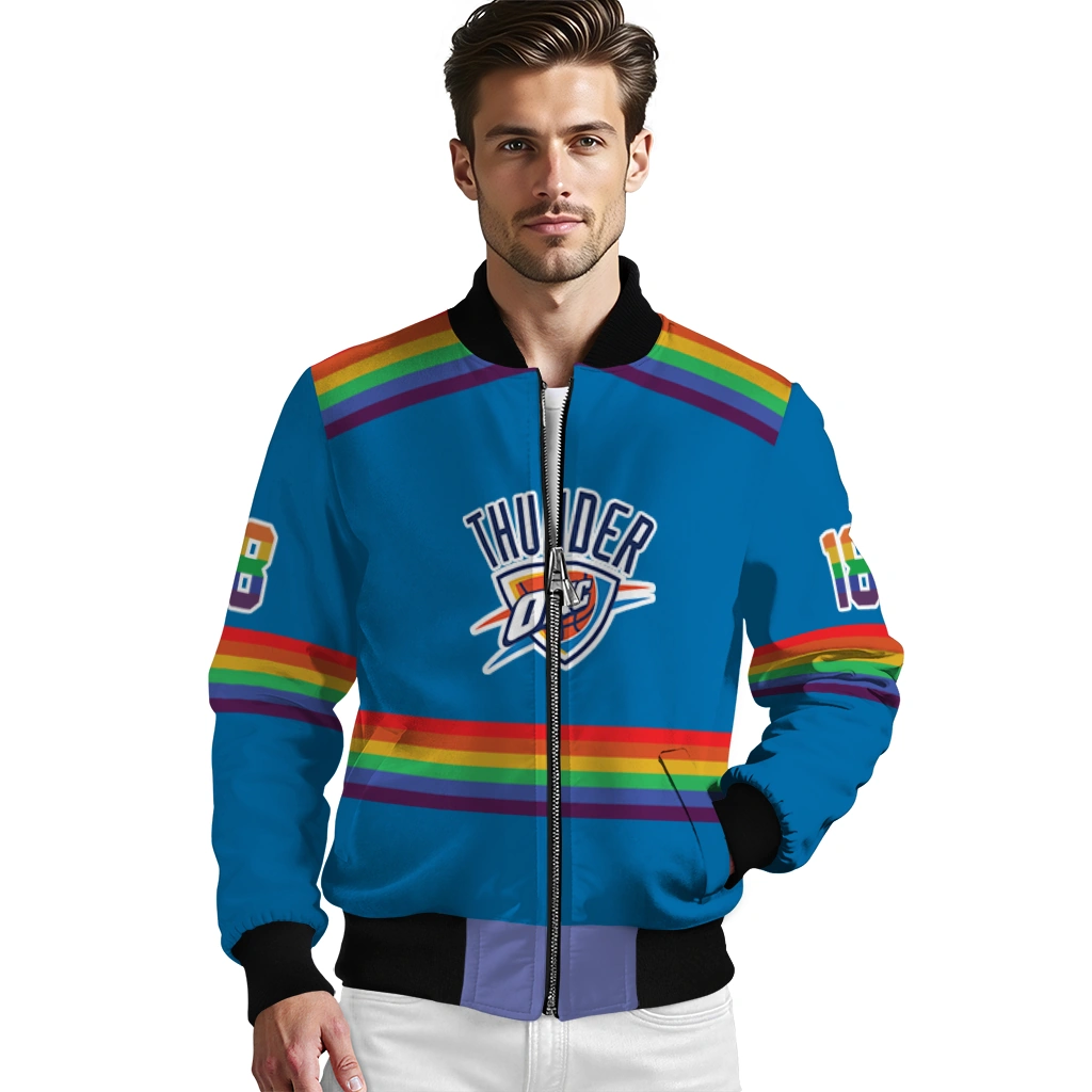customized oklahoma city thunder rainbow jersey number blue bomber jacket high quality customized oklahoma city thunder rainbow jersey number blue bomber jacket high quality