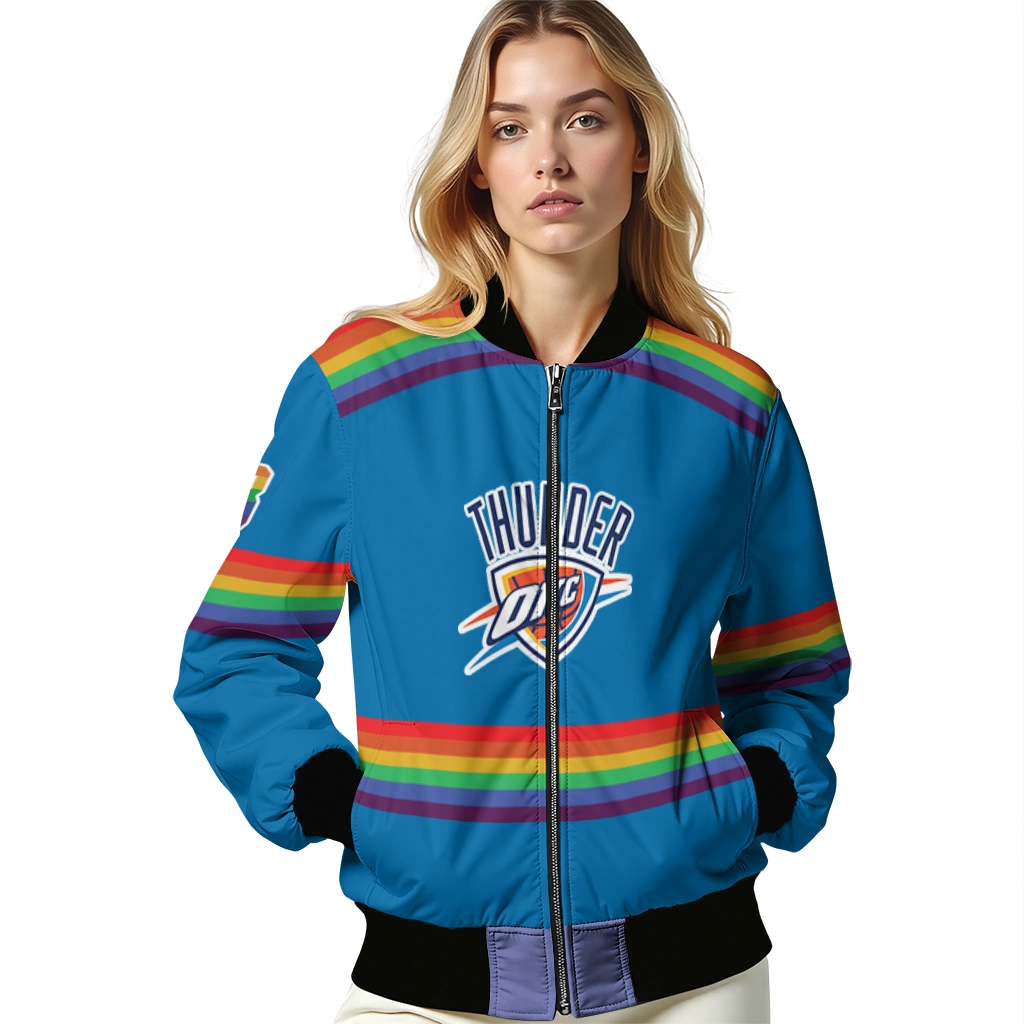 customized oklahoma city thunder rainbow jersey number blue bomber jacket latest model customized oklahoma city thunder rainbow jersey number blue bomber jacket latest model