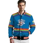 customized oklahoma city thunder rainbow jersey number blue varsity jacket best selling