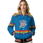 customized oklahoma city thunder rainbow jersey number blue varsity jacket best selling