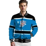 customized oklahoma city thunder stripe statement blue black varsity jacket best selling