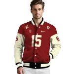 customized oklahoma sooners team patch crimson varsity jacket best selling