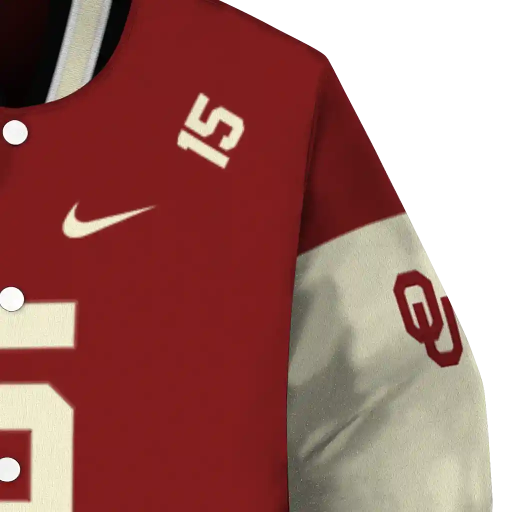 customized oklahoma sooners team patch crimson varsity jacket premium grade customized oklahoma sooners team patch crimson varsity jacket premium grade