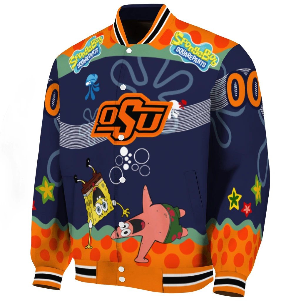 customized oklahoma state cowboys spongebob playtime orange blue varsity jacket best selling customized oklahoma state cowboys spongebob playtime orange blue varsity jacket best selling