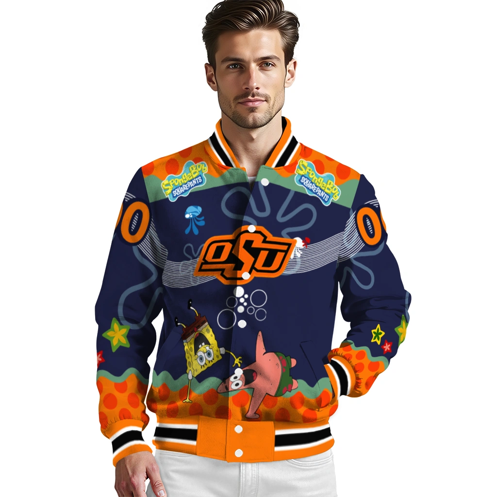 customized oklahoma state cowboys spongebob playtime orange blue varsity jacket high quality customized oklahoma state cowboys spongebob playtime orange blue varsity jacket high quality