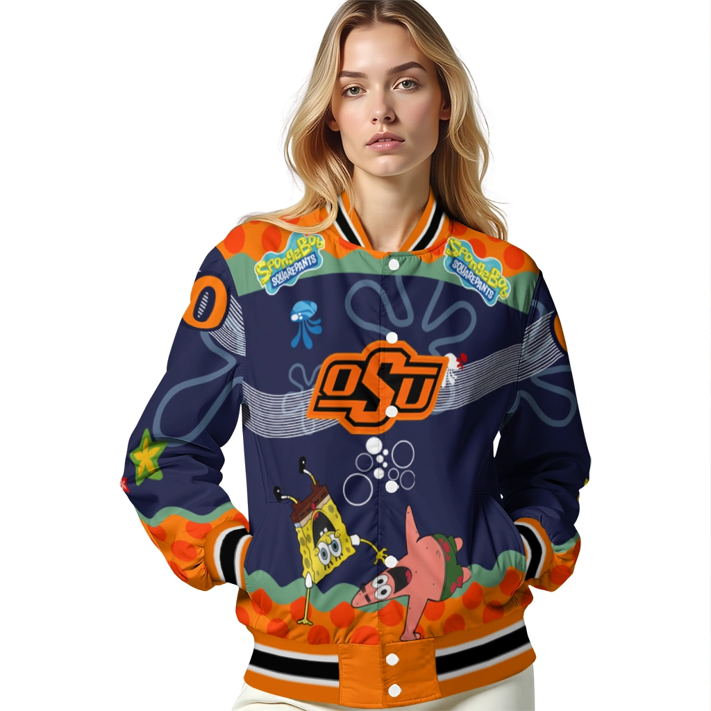 customized oklahoma state cowboys spongebob playtime orange blue varsity jacket latest model customized oklahoma state cowboys spongebob playtime orange blue varsity jacket latest model