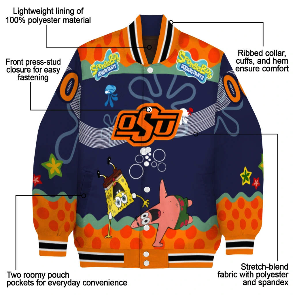 customized oklahoma state cowboys spongebob playtime orange blue varsity jacket new arrival customized oklahoma state cowboys spongebob playtime orange blue varsity jacket new arrival
