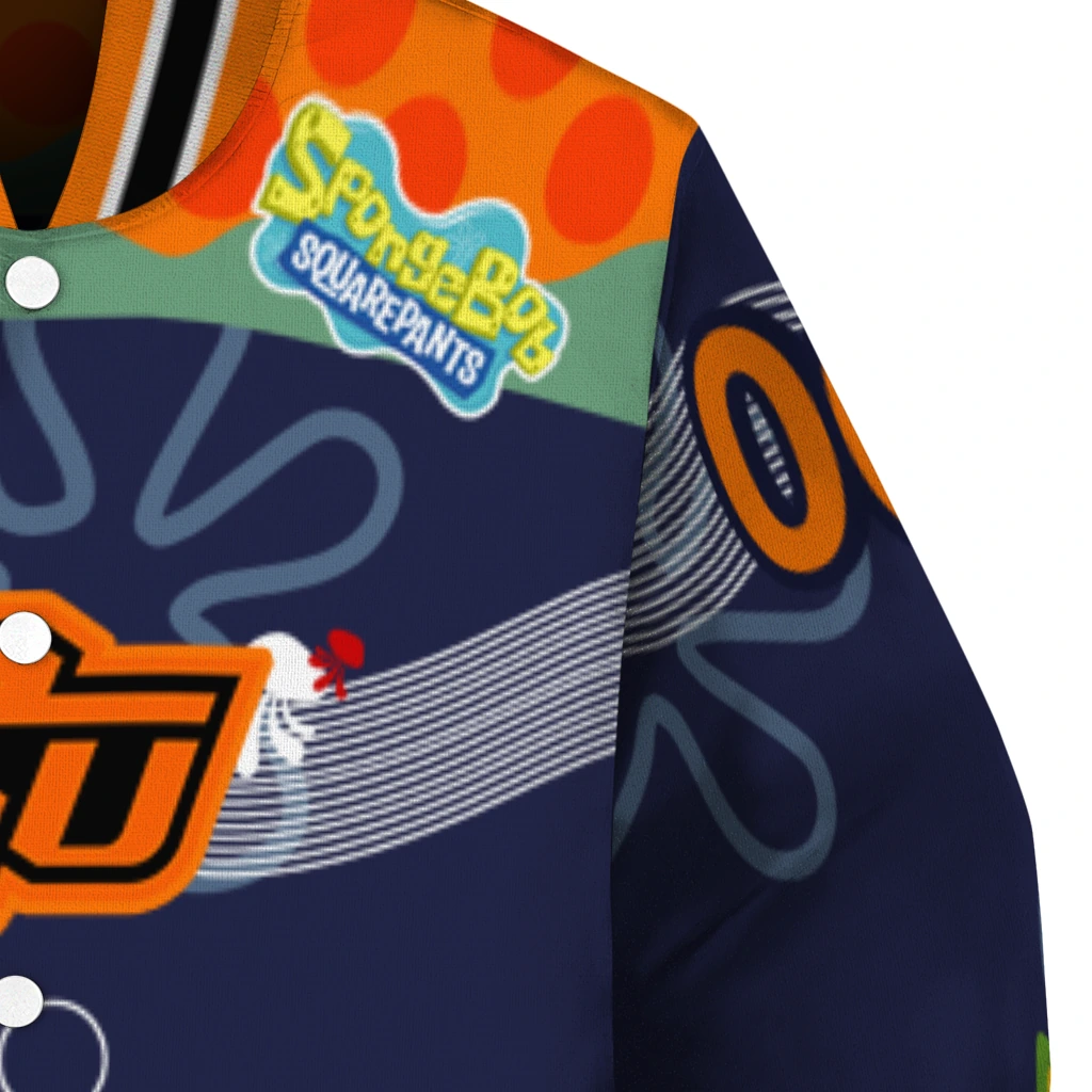 customized oklahoma state cowboys spongebob playtime orange blue varsity jacket premium grade customized oklahoma state cowboys spongebob playtime orange blue varsity jacket premium grade