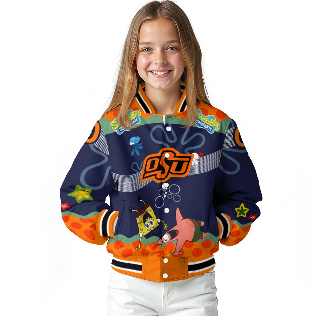 customized oklahoma state cowboys spongebob playtime orange blue varsity jacket top rated customized oklahoma state cowboys spongebob playtime orange blue varsity jacket top rated