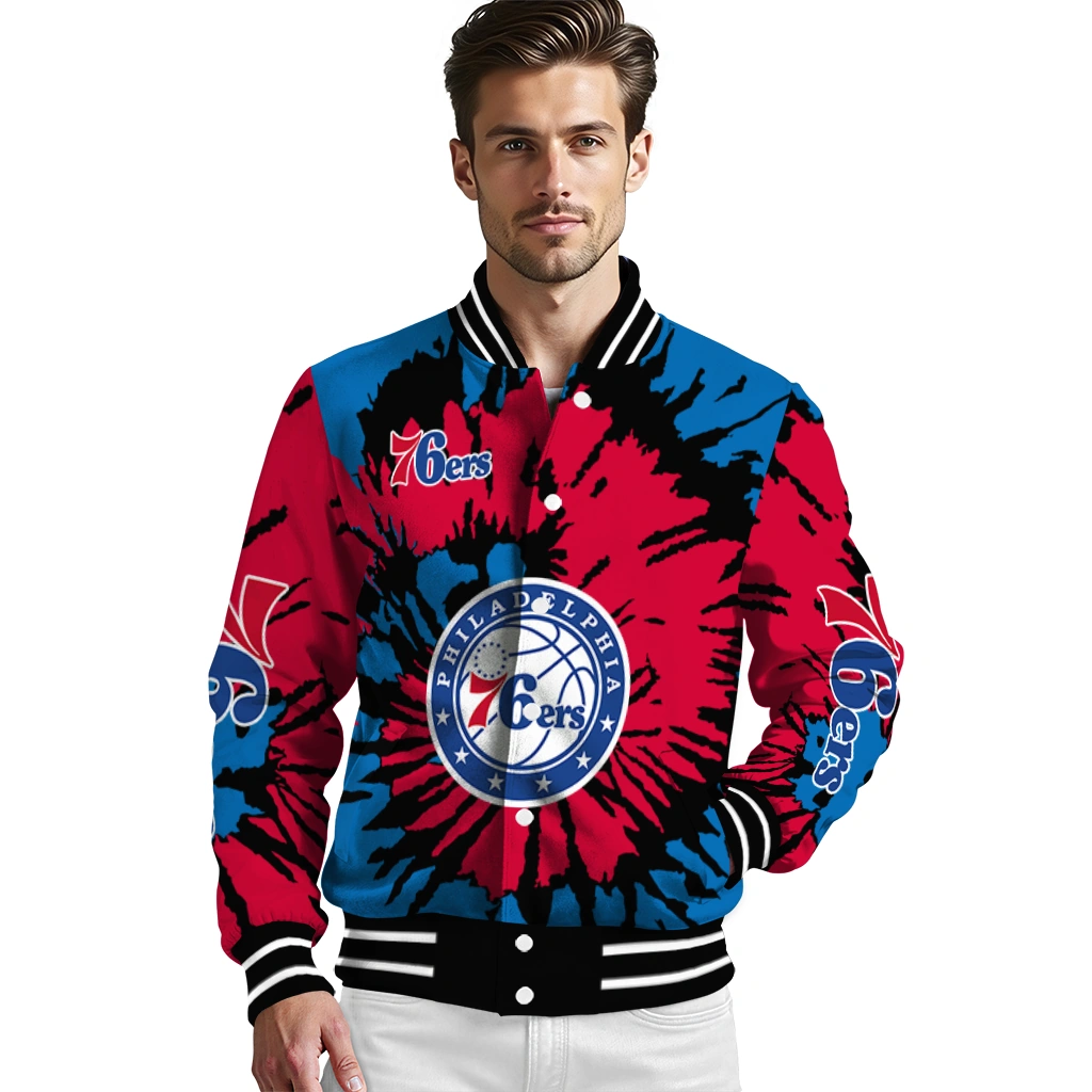 customized philadelphia 76ers burst splatter blue varsity jacket high quality customized philadelphia 76ers burst splatter blue varsity jacket high quality