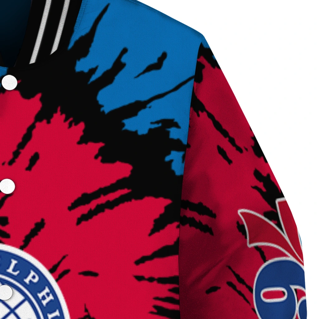 customized philadelphia 76ers burst splatter blue varsity jacket premium grade customized philadelphia 76ers burst splatter blue varsity jacket premium grade