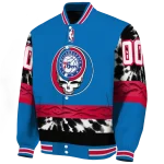 customized philadelphia 76ers skull emblem blue black varsity jacket best selling