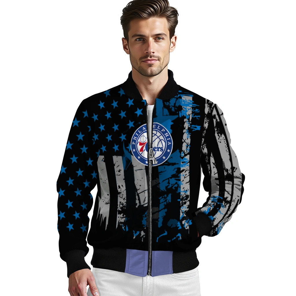 customized philadelphia 76ers star stripes blue black bomber jacket high quality customized philadelphia 76ers star stripes blue black bomber jacket high quality
