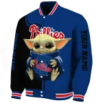 customized philadelphia phillies adorable yoda blue black varsity jacket best selling