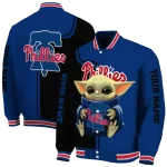 customized philadelphia phillies adorable yoda blue black varsity jacket best selling
