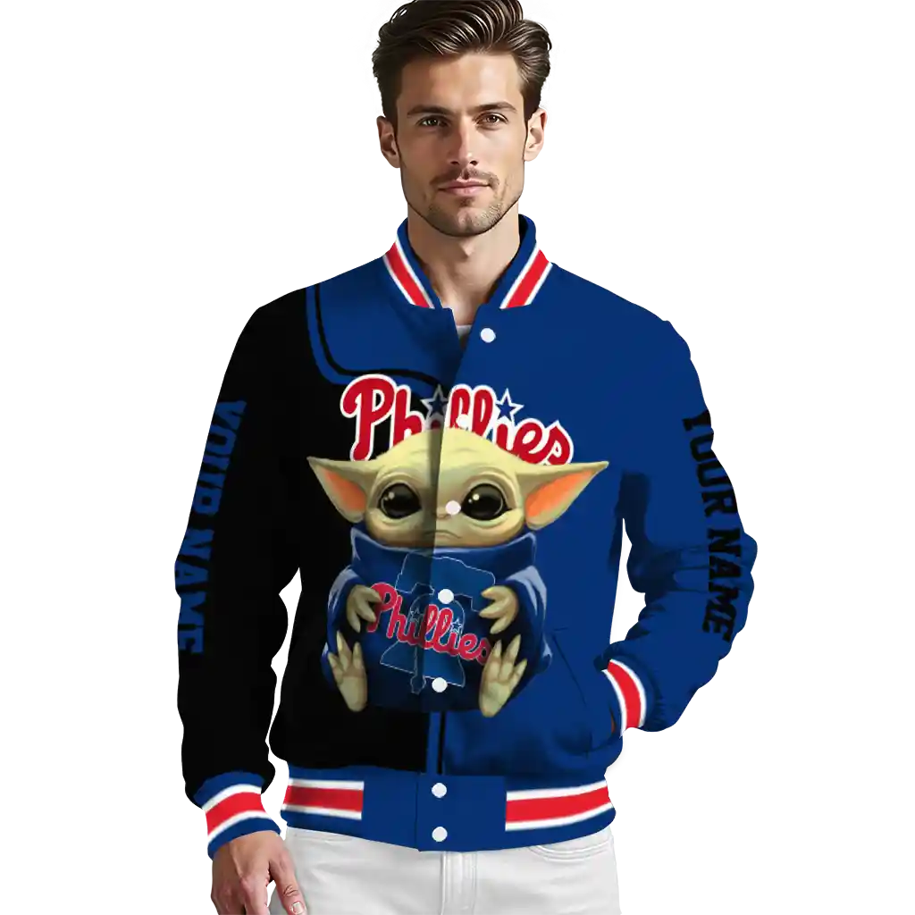 customized philadelphia phillies adorable yoda blue black varsity jacket high quality customized philadelphia phillies adorable yoda blue black varsity jacket high quality