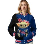 customized philadelphia phillies adorable yoda blue black varsity jacket best selling
