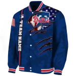 customized philadelphia phillies us flag claws blue varsity jacket best selling