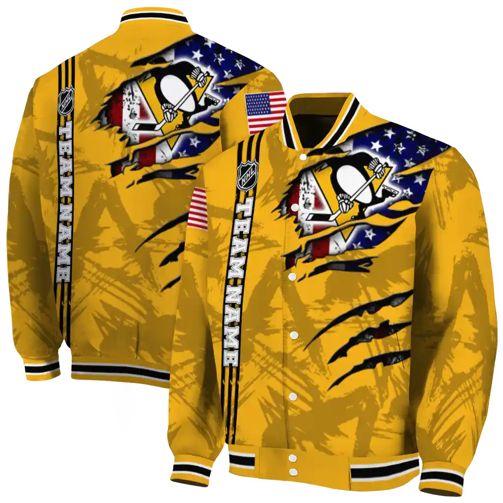 customized pittsburgh penguins usa flag rips yellow varsity jacket fashion forward customized pittsburgh penguins usa flag rips yellow varsity jacket fashion forward