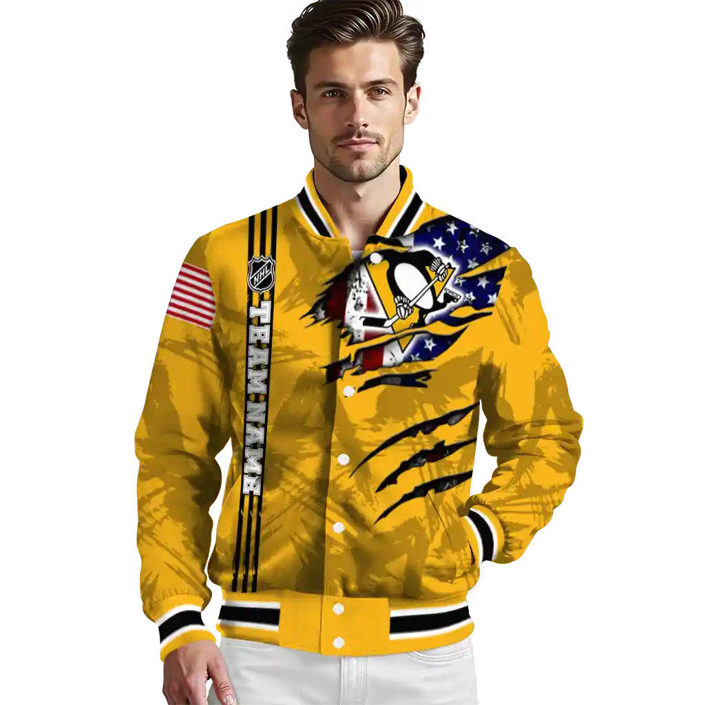 customized pittsburgh penguins usa flag rips yellow varsity jacket high quality customized pittsburgh penguins usa flag rips yellow varsity jacket high quality
