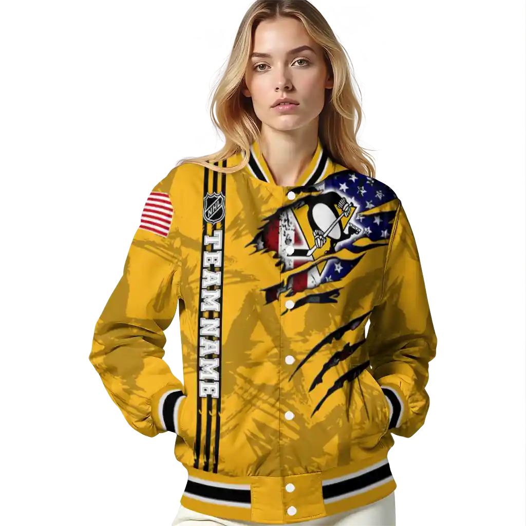 customized pittsburgh penguins usa flag rips yellow varsity jacket latest model customized pittsburgh penguins usa flag rips yellow varsity jacket latest model