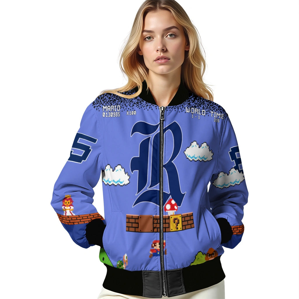 customized rice owls mario blocks blue black bomber jacket latest model customized rice owls mario blocks blue black bomber jacket latest model