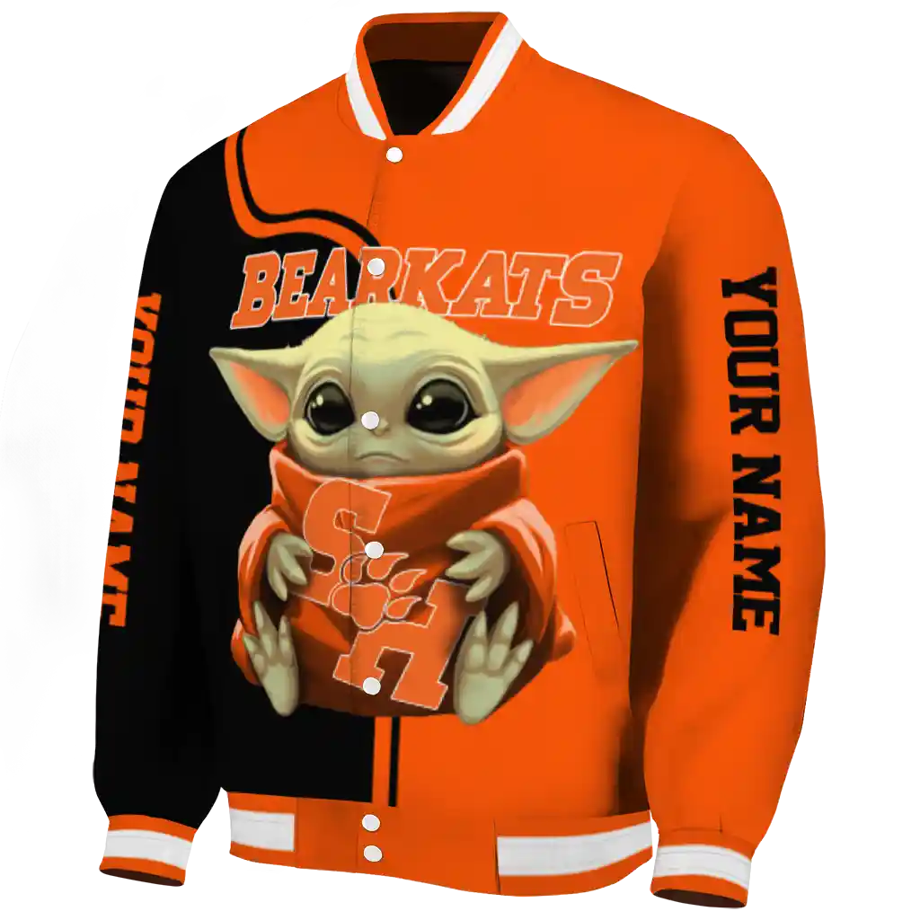 customized sam houston bearkats adorable yoda orange black varsity jacket best selling customized sam houston bearkats adorable yoda orange black varsity jacket best selling
