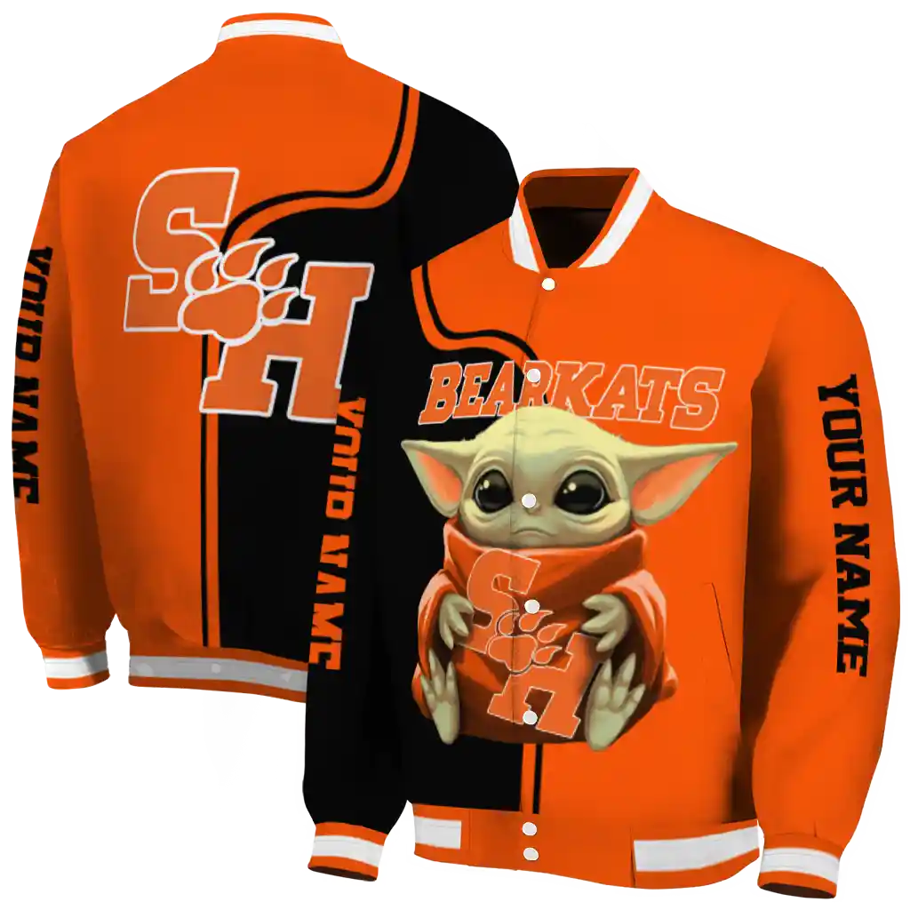 customized sam houston bearkats adorable yoda orange black varsity jacket fashion forward customized sam houston bearkats adorable yoda orange black varsity jacket fashion forward