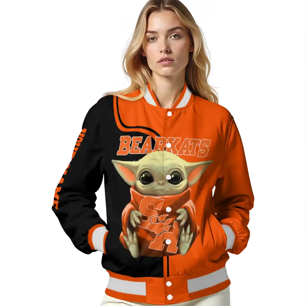 customized sam houston bearkats adorable yoda orange black varsity jacket latest model customized sam houston bearkats adorable yoda orange black varsity jacket latest model