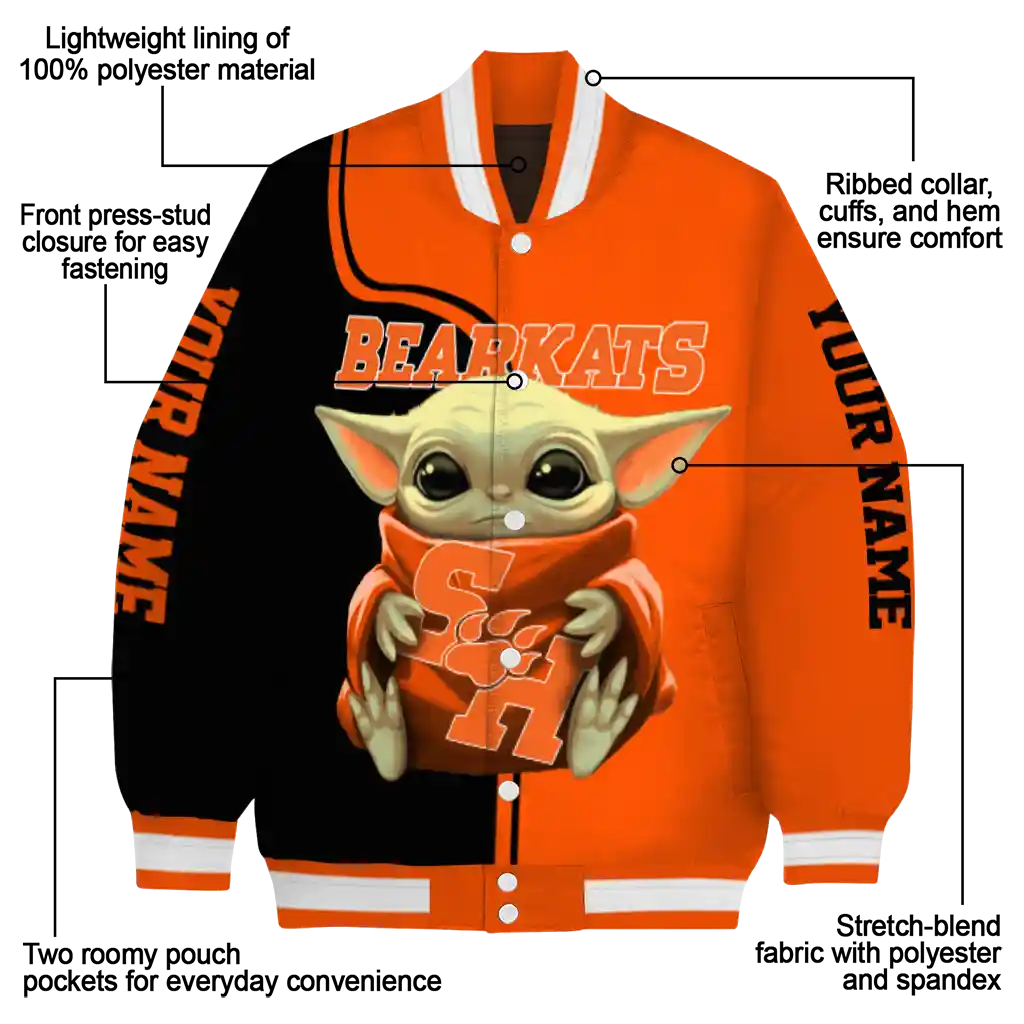 customized sam houston bearkats adorable yoda orange black varsity jacket new arrival customized sam houston bearkats adorable yoda orange black varsity jacket new arrival