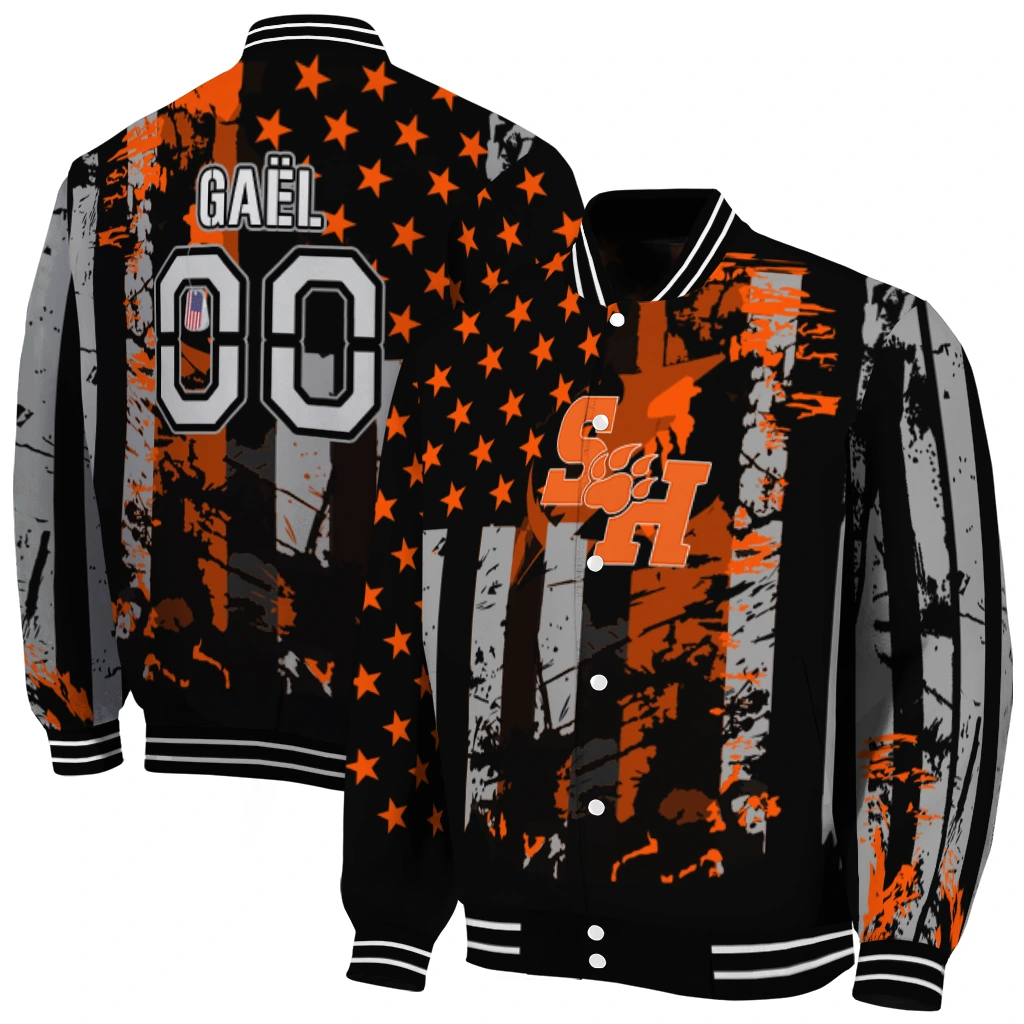 customized sam houston bearkats star stripes orange black varsity jacket fashion forward customized sam houston bearkats star stripes orange black varsity jacket fashion forward