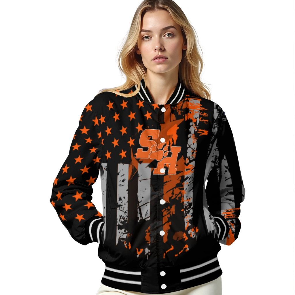 customized sam houston bearkats star stripes orange black varsity jacket latest model customized sam houston bearkats star stripes orange black varsity jacket latest model