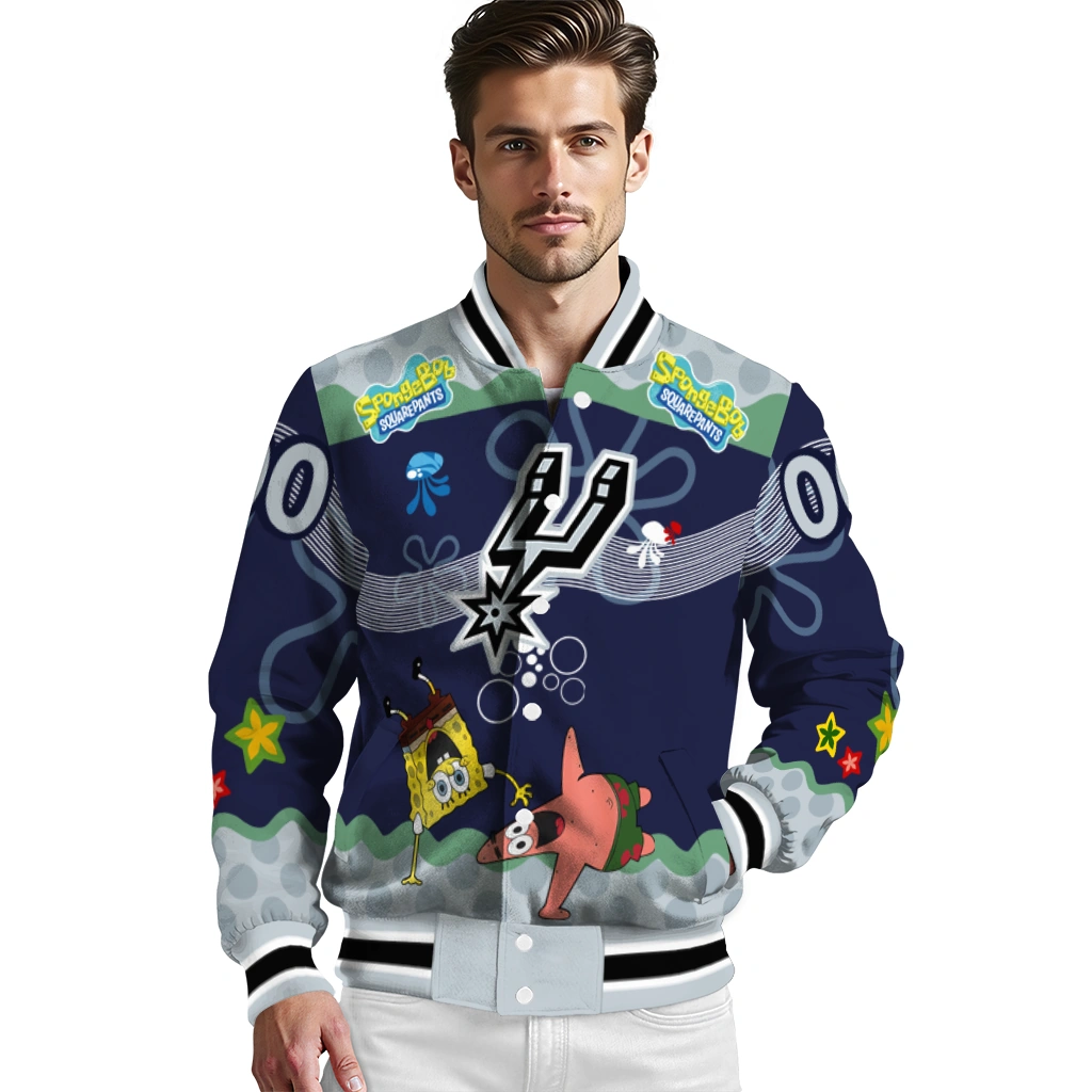 customized san antonio spurs spongebob playtime silver blue varsity jacket high quality customized san antonio spurs spongebob playtime silver blue varsity jacket high quality