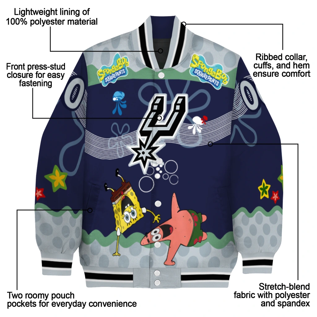 customized san antonio spurs spongebob playtime silver blue varsity jacket new arrival customized san antonio spurs spongebob playtime silver blue varsity jacket new arrival