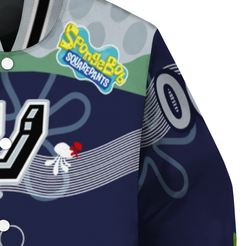 customized san antonio spurs spongebob playtime silver blue varsity jacket premium grade customized san antonio spurs spongebob playtime silver blue varsity jacket premium grade