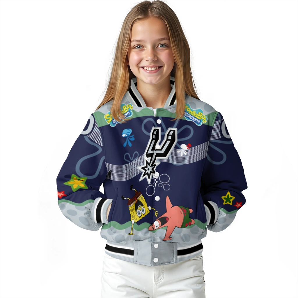 customized san antonio spurs spongebob playtime silver blue varsity jacket top rated customized san antonio spurs spongebob playtime silver blue varsity jacket top rated