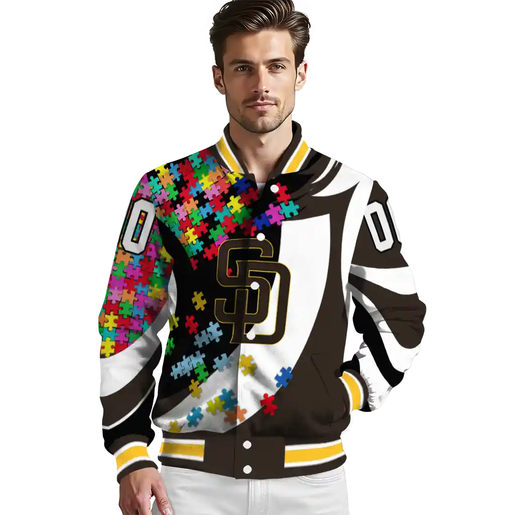 customized san diego padres stars and stripes slashes brown varsity jacket high quality customized san diego padres stars and stripes slashes brown varsity jacket high quality