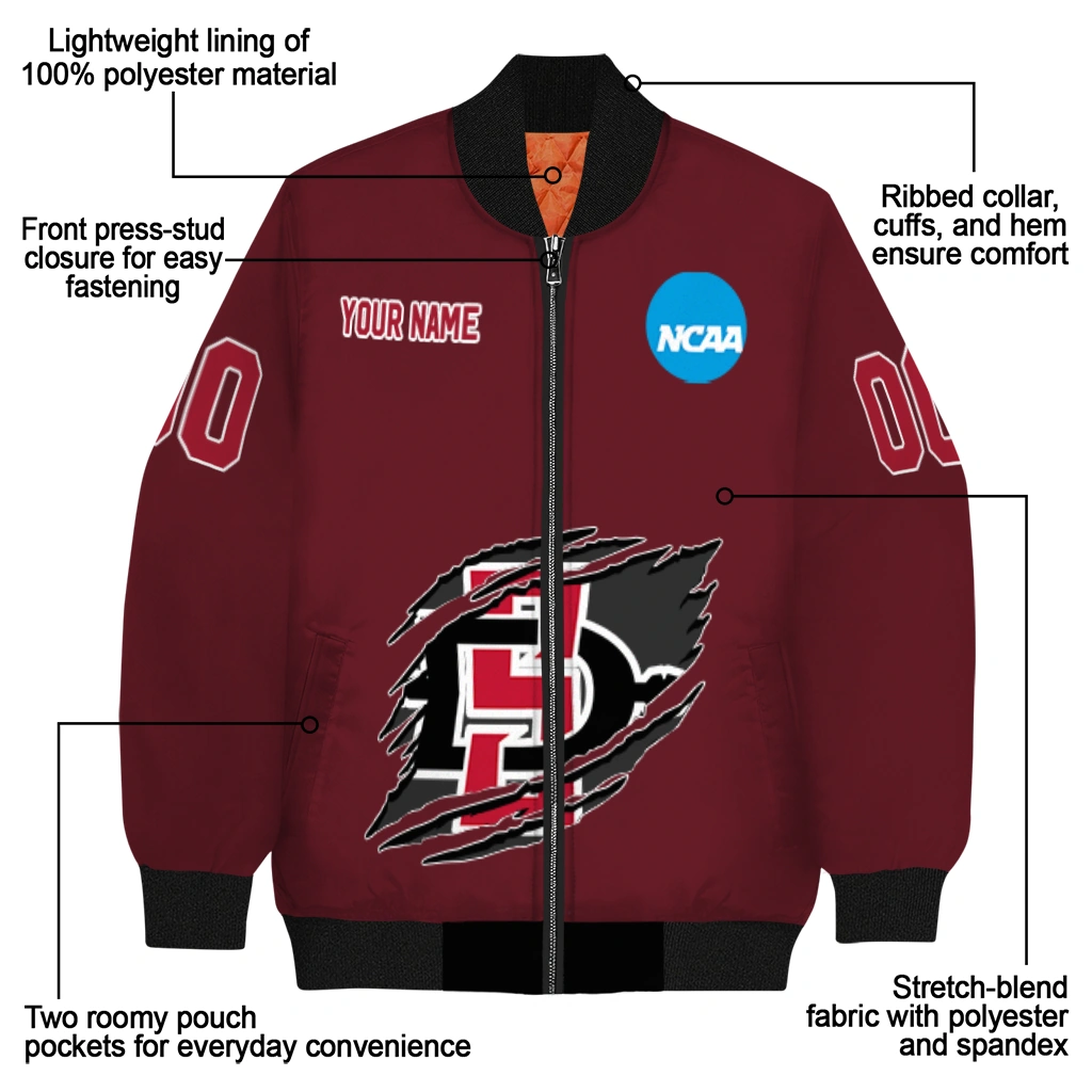 customized san diego state aztecs claw mark red bomber jacket new arrival customized san diego state aztecs claw mark red bomber jacket new arrival
