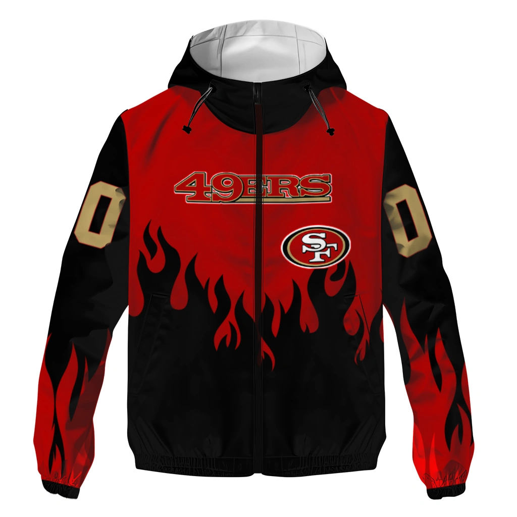 customized san francisco 49ers flame trim red black windbreaker jacket best selling customized san francisco 49ers flame trim red black windbreaker jacket best selling