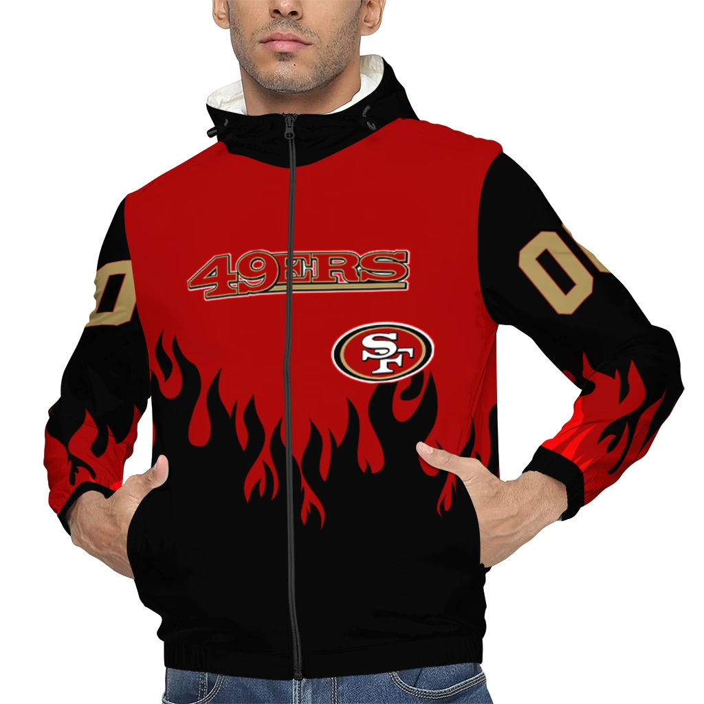 customized san francisco 49ers flame trim red black windbreaker jacket top rated customized san francisco 49ers flame trim red black windbreaker jacket top rated