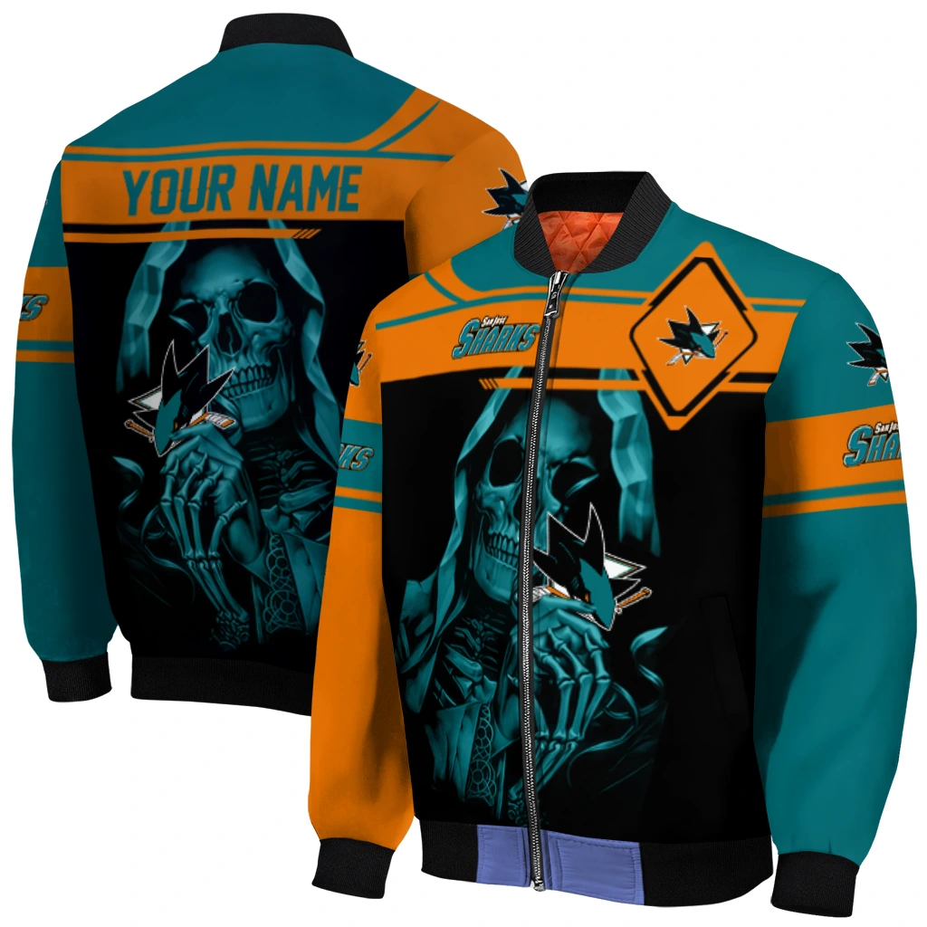 customized san jose sharks reaper hands teal black bomber jacket best selling customized san jose sharks reaper hands teal black bomber jacket best selling
