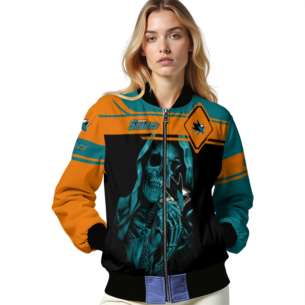 customized san jose sharks reaper hands teal black bomber jacket latest model customized san jose sharks reaper hands teal black bomber jacket latest model