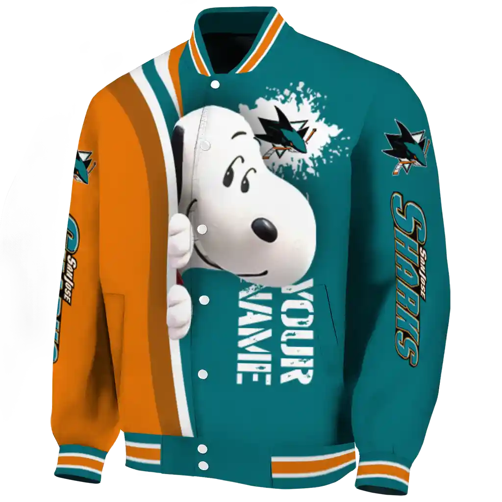 customized san jose sharks snoopy head teal varsity jacket best selling customized san jose sharks snoopy head teal varsity jacket best selling