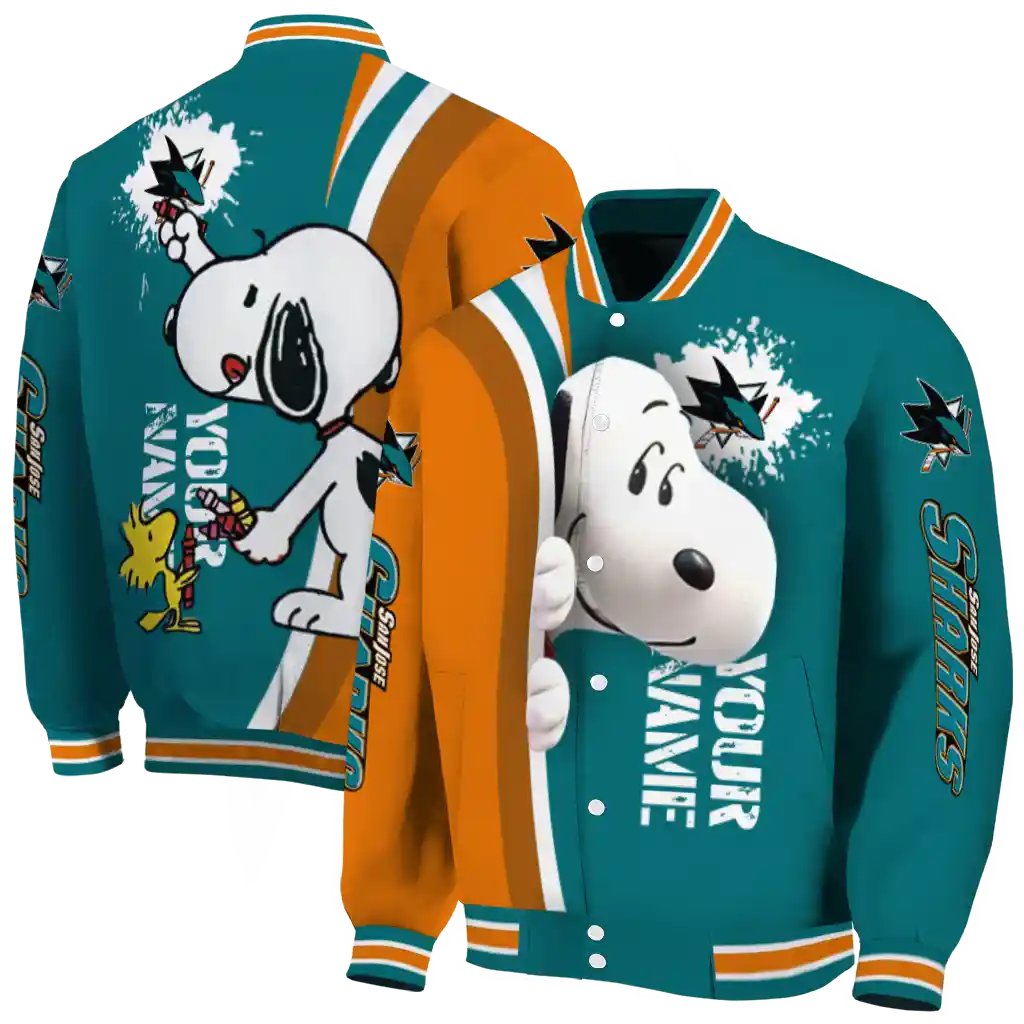 customized san jose sharks snoopy head teal varsity jacket fashion forward customized san jose sharks snoopy head teal varsity jacket fashion forward