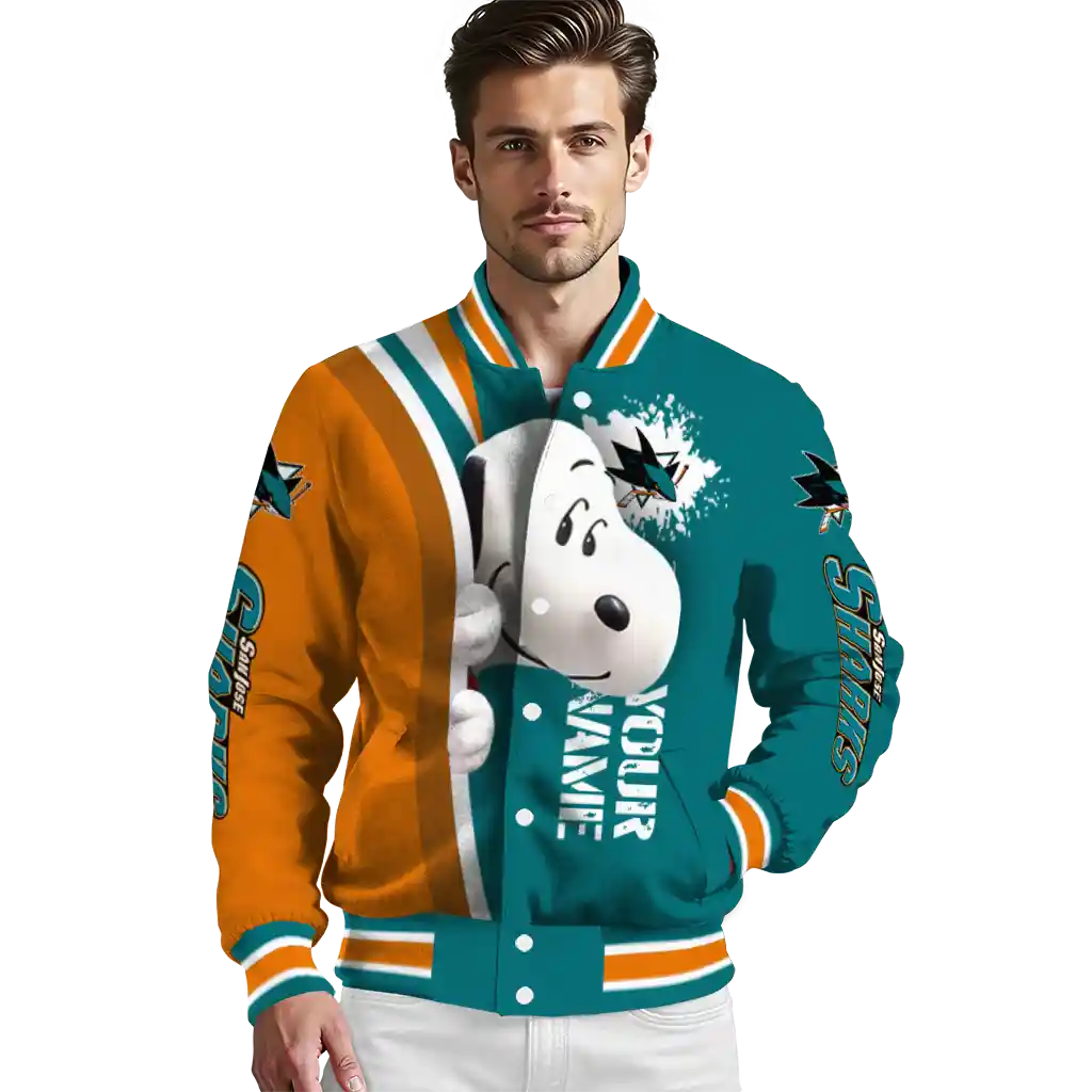 customized san jose sharks snoopy head teal varsity jacket high quality customized san jose sharks snoopy head teal varsity jacket high quality