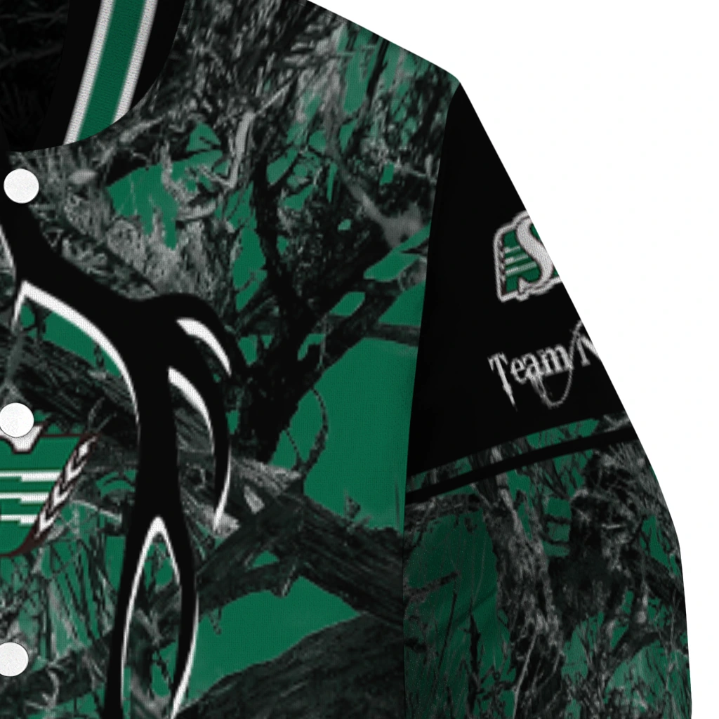 customized saskatchewan roughriders antlers motif green black varsity jacket premium grade customized saskatchewan roughriders antlers motif green black varsity jacket premium grade