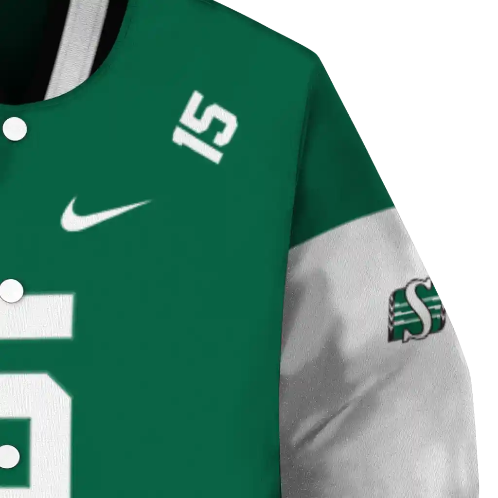 customized saskatchewan roughriders team patch green varsity jacket premium grade customized saskatchewan roughriders team patch green varsity jacket premium grade