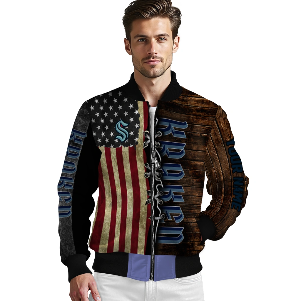 customized seattle kraken flag wood brown bomber jacket high quality customized seattle kraken flag wood brown bomber jacket high quality