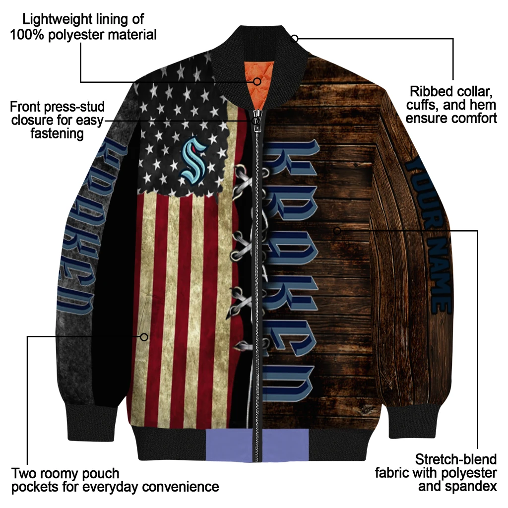customized seattle kraken flag wood brown bomber jacket new arrival customized seattle kraken flag wood brown bomber jacket new arrival
