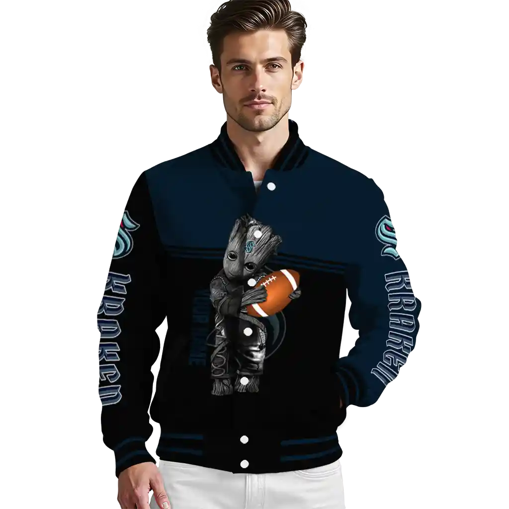 customized seattle kraken groot football blue black varsity jacket high quality customized seattle kraken groot football blue black varsity jacket high quality